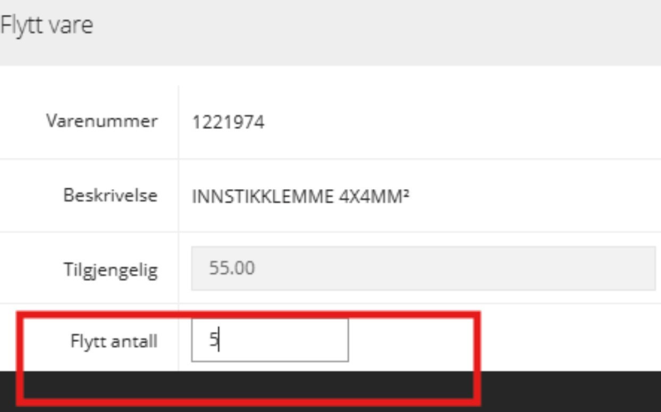 Flytt vare-skjerm som viser varenummer, beskrivelse, tilgjengelig mengde og et felt for å angi antall som skal flyttes.  KI-generert beskrivelse