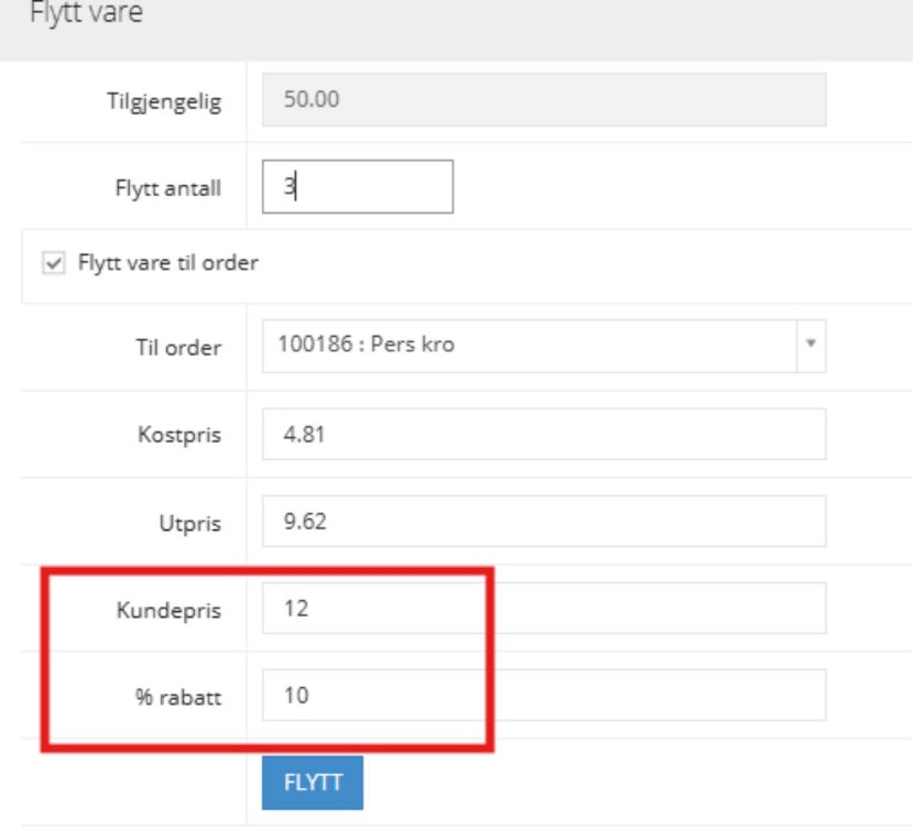 Et skjermbilde av et brukergrensesnitt for å flytte varer med felt for tilgjengelig mengde, antall som skal flyttes, ordrevalg, kostpris, utpris, kundepris, prosent rabatt og en knapp merket flytt.  KI-generert beskrivelse