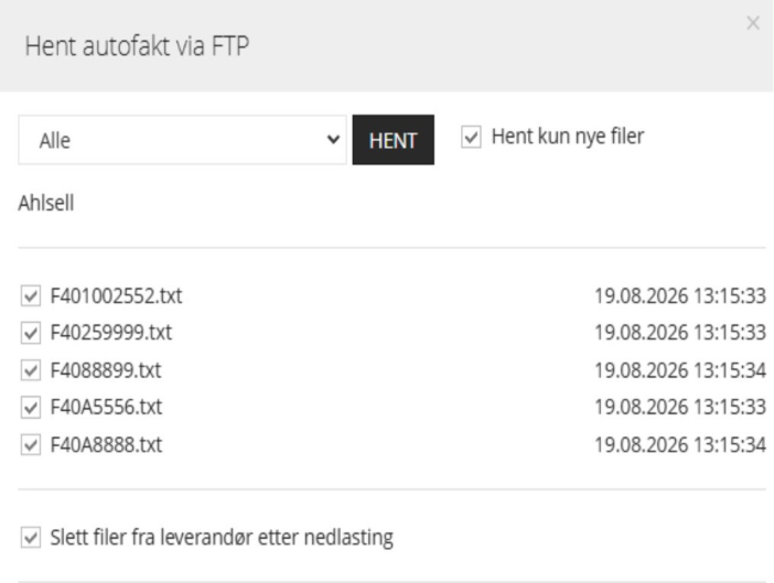 En liste over tekstfiler med tilhørende datoer og en knapp merket HENT med et avkrysningsfelt for å hente kun nye filer.  KI-generert beskrivelse